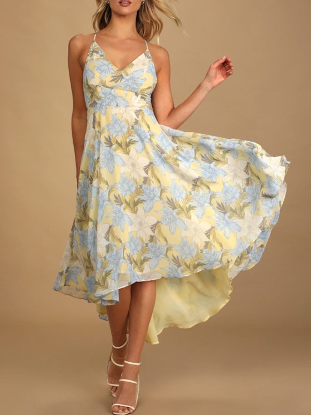 Lulus Be With Me Yellow Floral Print Lace-up High Low Dress - Size S